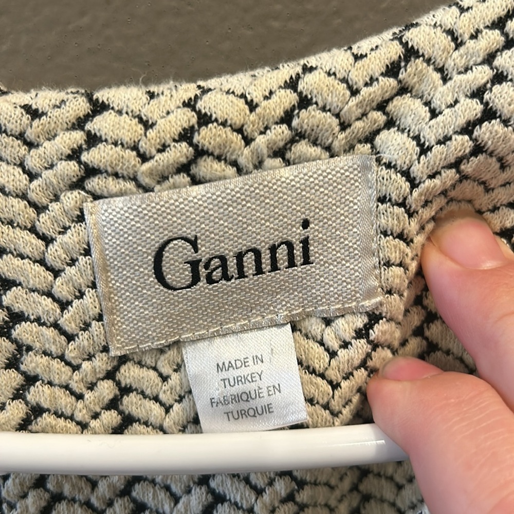 GANNI for Anthropologie textured pleated Black/Cream V-neck dress Large - Picture 4 of 9
